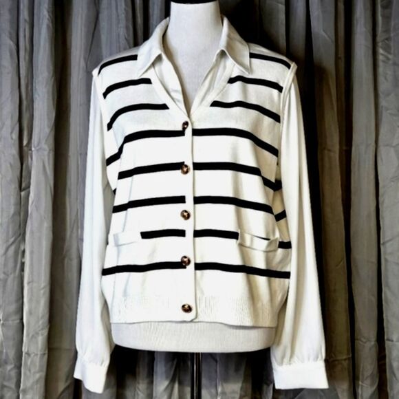 Adrianna Papell Striped Button Front Long Sleeve Preppy Knit Sweater Vest Blouse - Picture 1 of 15